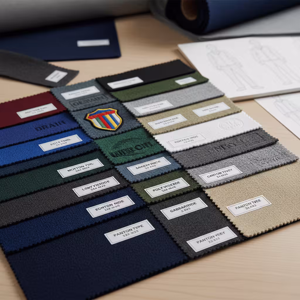 Farklı renk seçenekleri ve logo uygulamaları olan kumaş kartelası